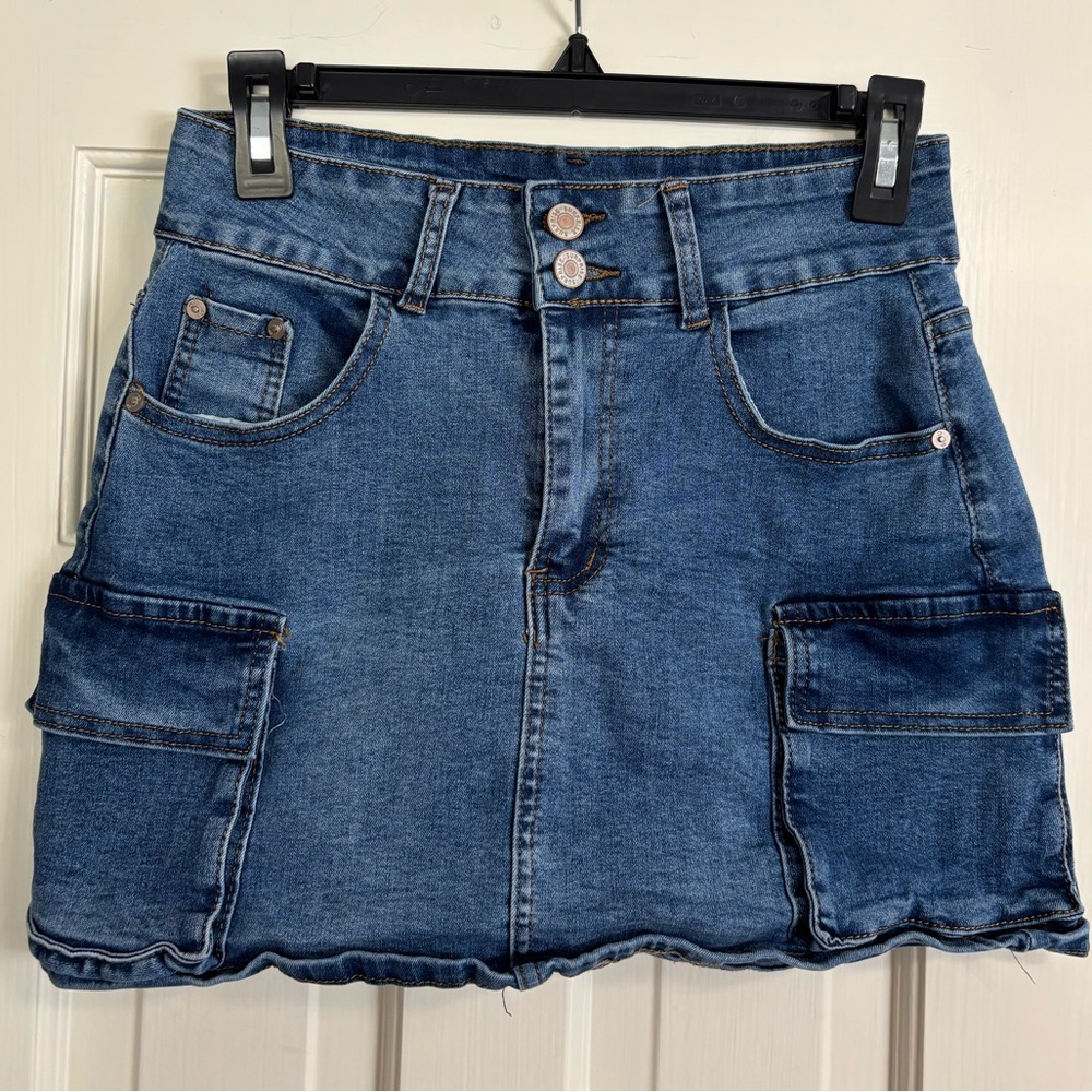 Surprise Denim Cargo Mini Skirt | High-Rise | Double Button Front | Medium